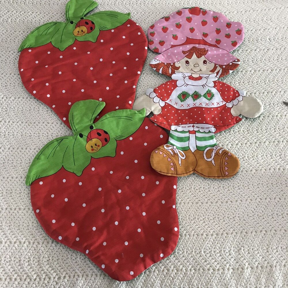 LOT of 3 Vintage 1980 Strawberry Shortcake 20" SEWN Fabric Panel Pillow Patterns